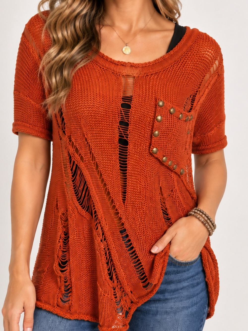UNIQUE Umgee Distressed Burnt Orange Knit Tunic Sweater Size Small